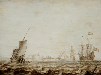 Ein Wijdschip senkt das Segel in einer stürmischen See, Mitte des 17. Jahrhunderts