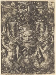 Ornament mit Maske, Adler zwischen Satyrn unten, 1549