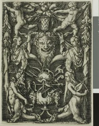 Ornamentales Design mit einem Paar Satyrn, Kindern und einer Trophäe