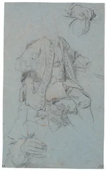 Studie eines sitzenden Mannes (Kopf nur angedeutet) sowie zwei Detailstudien von Händen