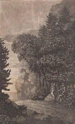 Landschaft mit Felsen und großen Bäumen, rechts zwei Männer