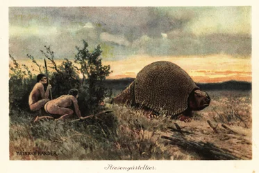 Urmenschen mit Speeren jagen einen Glyptodon
