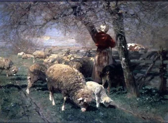 Eine Schäferin und Schafe in einer Landschaft