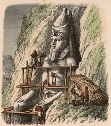 Antikes Ägypten: Eine Statue des Abu Simbel Tempels schnitzen, 1866