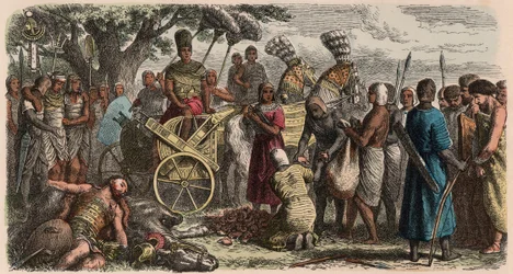 Altes Ägypten: Die Gefangenen werden vor den siegreichen Pharao Ramses II. gebracht, damit ihnen die Hände abgehackt werden, 1866