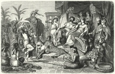 Hofszene aus einem der hellenistischen Königreiche, die nach dem Tod Alexanders des Großen entstanden (Stich)