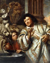 Porträt von Admiral Cornelius Tromp und einem Begleiter neben einem Brunnen