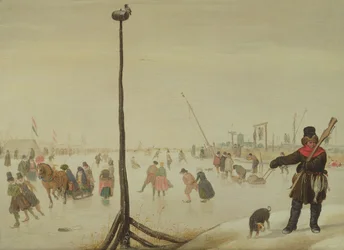 Ein Entenjäger und sein Hund in einer Winterlandschaft