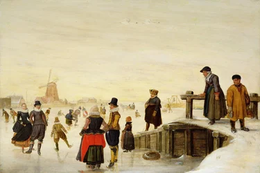 Figuren beim Schlittschuhlaufen in einer niederländischen Landschaft