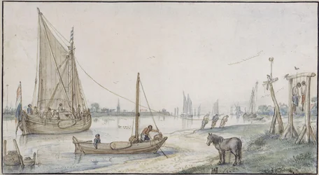 Flusslandschaft, mit getreideltem Segelschiff, vorn rechts Galgen mit zwei Gehenkten
