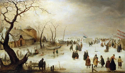 Winterlandschaft mit Figuren und Zelten auf dem Eis
