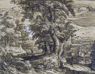 Landschaft mit Bäumen und einem Hirtenpaar