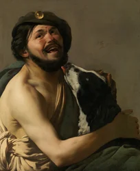 Ein lachender Bravo mit seinem Hund Diogenes, 1628