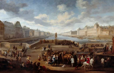 Blick auf Paris mit dem Louvre, aufgenommen von der Henri-IV-Brücke (heutige Pont Neuf).