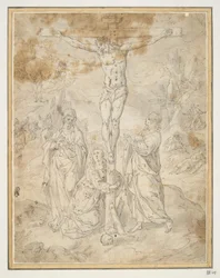 Christus am Kreuz zwischen der Jungfrau und St. Johannes mit Szenen der Passion im Hintergrund