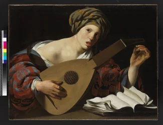 Junge Frau, die eine Laute stimmt, ca. 1626-27