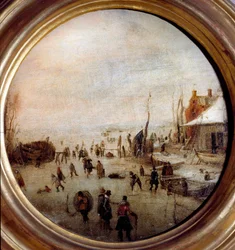 Winterlandschaft mit Eisläufern und Hockeyspielern