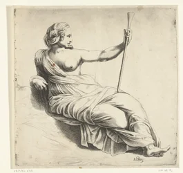 Eine Muse der Musik, sitzende Frau mit Trompete
