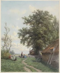 Bauernhof mit einigen Figuren, rechts eine Scheune und großer Baum