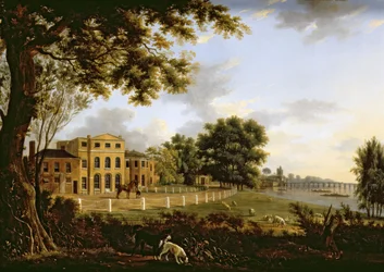 Ansicht von Chelsea Farm mit der Themse und der Battersea-Brücke, 1790