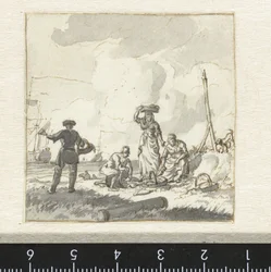 Das Sortieren von Fisch am Strand