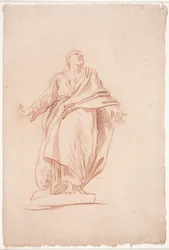 Stehender Mann mit ausgebreiteten Armen, auf einem Sockel. (Studie nach Skulptur). (Ein Heiliger)
