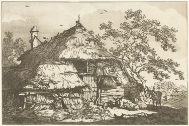 Bauernhof mit einer Kuh, zwei Schafen und einem Esel auf dem Hof