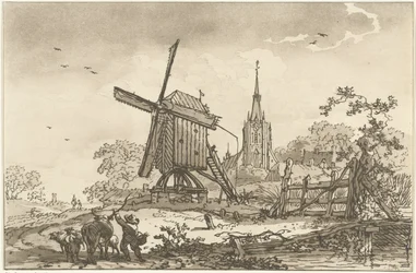 Landschaft mit einer Windmühle und einer Kirche