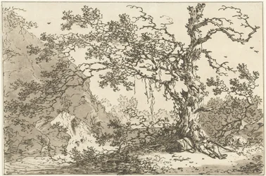 Ruhender Reisender mit seinem Hund in einer Landschaft