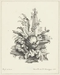 Ornament mit Granatapfel mit Blättern und Obelisk