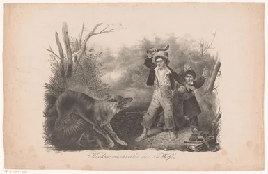 Kinder und ein Wolf im Wald