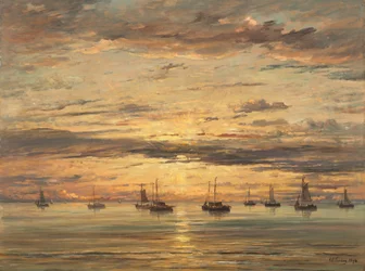 Sonnenuntergang in Scheveningen: Eine Flotte von Fischerbooten vor Anker, 1894