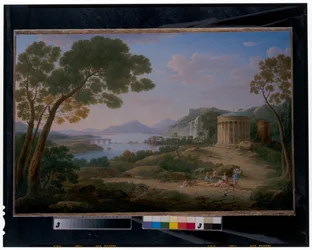 Weitläufige klassische Landschaft mit Figuren, die vor einem Tempietto sitzen