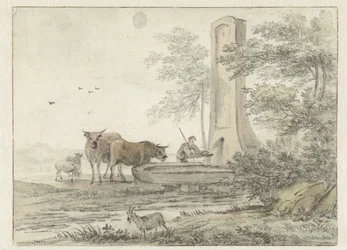 Italienische Landschaft mit Hirte und seinem Vieh und Schafen an einem Brunnen