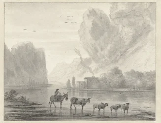 Felsige Flusslandschaft mit einem Hirten und seinem Vieh und Schafen