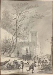 Schlittschuhläufer vor einer Stadtmauer