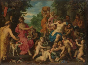 Diana wird von Bacchus und seinem Gefolge Wein und Obst angeboten