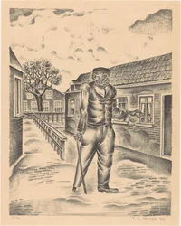 Mann mit Holzbein und Spazierstock