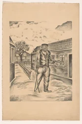 Mann mit Holzbein und Stock in einer Dorfstraße