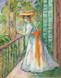 Frau auf einem Balkon, oder Jeanne mit einem orangefarbenen Band