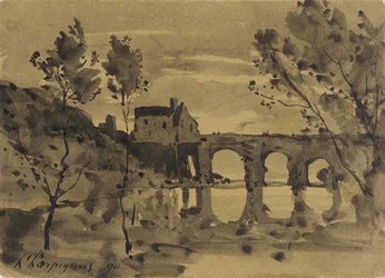 Flusslandschaft mit Brücke und Haus