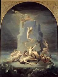 Verzweiflung der Okeaniden am Fuß des Felsens, an dem Prometheus angekettet ist