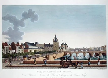 Ansicht des Blumenmarktes beim Palais de Justice, ca. 1816-20 (farbige Gravur)