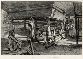 Batak-Frauen, ethnische Gruppe aus Nord-Sumatra, beim Weben. Gravur von Laurent Desrousseaux zur Illustration der Geschichte 