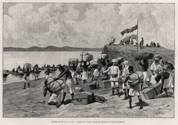 Durchquerung des Nils. Gravur von A. Paris zur Illustration der Geschichte „Au secours d