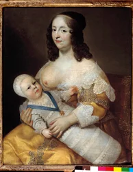 Darstellung des zukünftigen Königs Ludwig XIV. (1638-1715) als Baby im Badeanzug in den Armen seiner Amme Marie de Longuet de la Giraudiere