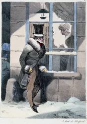 Neugieriger Mann schaut aus dem Fenster in einem Haus: „Jeder nimmt sein Vergnügen, wo er es findet“ - in „Les pastemps“ von Henri Monnier, ed. Delpech, Paris