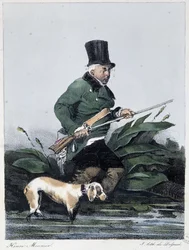 Mann jagt mit seinem Hund: „Jeder nimmt sein Vergnügen, wo er es findet“ - in „Die Zeitvertreibe“ von Henri Monnier, ed. Delpech, Paris