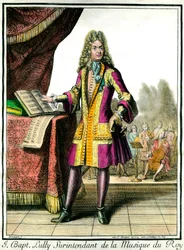 Ganzkörperporträt von Jean Baptiste Lully (Giovanni Battista Lulli) (1632-1687) Superintendent der Musik des Königs, Gravur von Henri Bonnart
