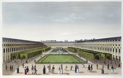 Blick auf die Gärten des Palais Royal, gesehen von den Galeries de Bois, graviert von Aubert Fils, ca. 1815-20